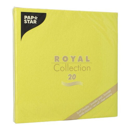 Um pacote de 20 guardanapos amarelos PAPSTAR "ROYAL Collection" (1/4-dobra, 40x40 cm) de material certificado pelo FSC em uma embalagem plástica com letras elegantes em dourado e prata. Marca: PAPSTAR GmbH.