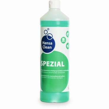 Uma garrafa de 1L de Dr. Schumacher HANSA CLEAN SPEZIAL da Dr. Schumacher GmbH com tampa branca, líquido verde e um rótulo branco-verde com acentos azuis destaca a força contra a sujeira difícil.
