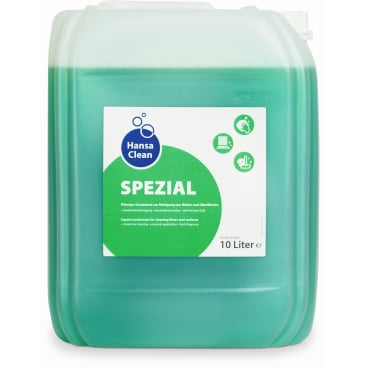 Contentor de 10 litros de plástico transparente com Dr. Schumacher HANSA CLEAN SPEZIAL da Dr. Schumacher GmbH, com limpador líquido verde para pisos e superfícies, contra sujeira difícil. Rótulo branco-verde com símbolos e texto.