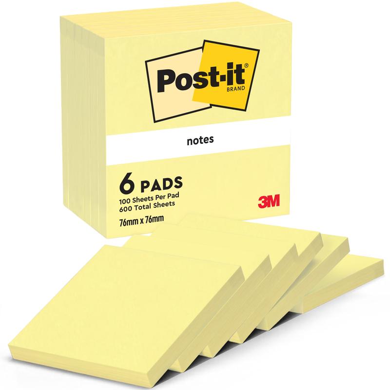 Um pacote com seis notas Post-it® da 3M Deutschland GmbH (76 mm x 76 mm, 100 folhas/bloco, 100% PEFC) está mostrado aberto, marca e logotipo são visíveis na embalagem.