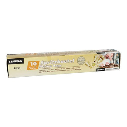 O conjunto de 10 sacos de confeitar Starpak contém dez sacos de confeitar transparentes (1,8 l, 46 x 23 cm) com três bicos em uma caixa dobrável. Ideal para bolos, decorações de confeitaria ou para a cozinha. A embalagem contém textos em alemão e inglês, bem como imagens do produto.