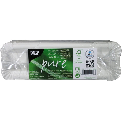 Uma embalagem com 250 pratos de papel "pure" retangulares brancos PAPSTAR GmbH, embalados em plástico transparente com informações do produto e símbolos de certificação ecológica na etiqueta.