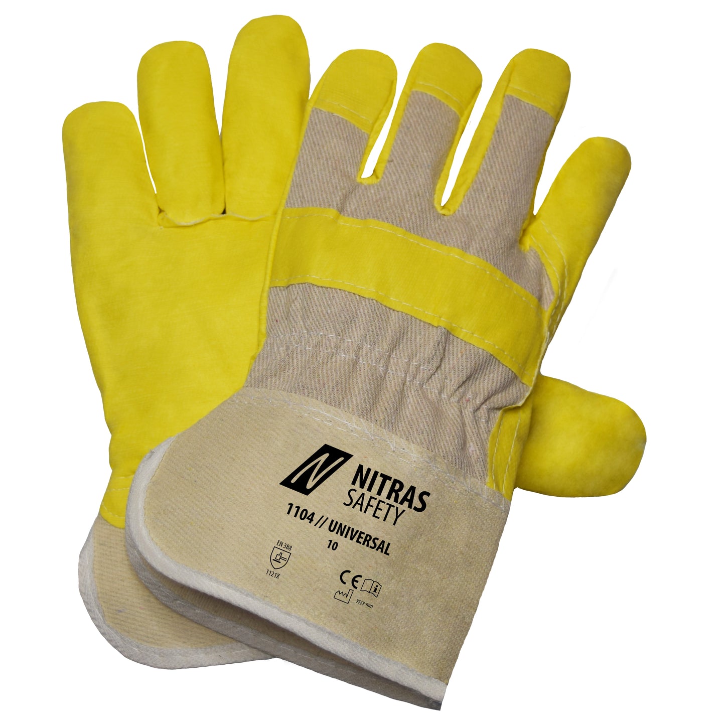NITRAS UNIVERSAL, luvas de couro artificial, cor natural / amarelo, algodão EN 388 | Pacote (12 pares)