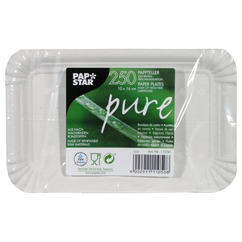 Uma embalagem retangular PAPSTAR GmbH de 250 pratos, papelão "pure" retangular branco (10 x 16 cm) é entregue em uma embalagem plástica transparente com uma etiqueta verde e branca, multilíngue, com informações do produto.