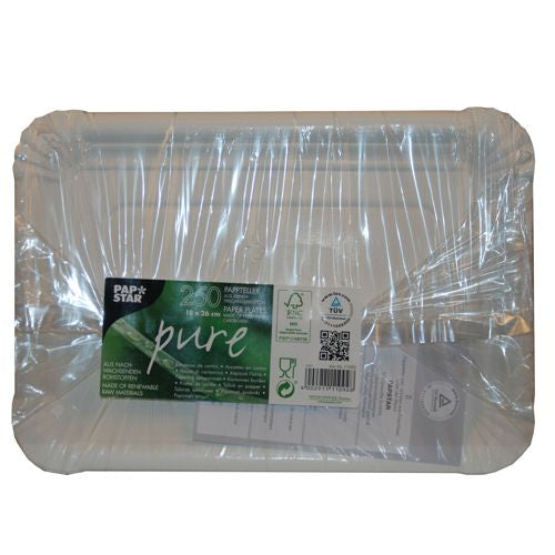 Um pacote com 250 pratos de papel retangulares brancos PAPSTAR "pure" da PAPSTAR GmbH, ecológicos, em filme transparente com etiqueta "PAP STAR pure", símbolos de reciclagem e informações do produto.