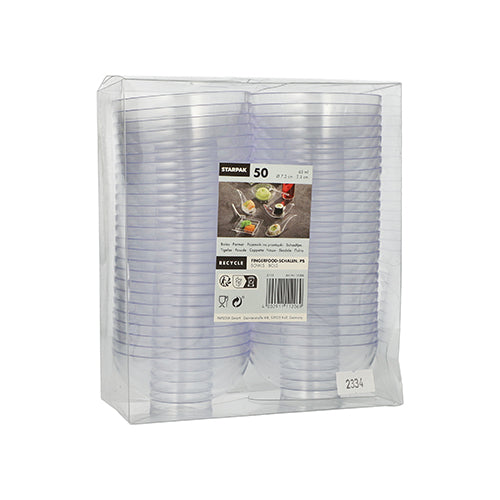 O conjunto Starpak 50 Fingerfood-Schalen inclui copos descartáveis transparentes de PS em uma embalagem plástica transparente com uma etiqueta com a marca, o símbolo de reciclagem e imagens de bebidas e snacks – ideal para eventos.