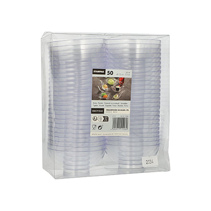 O conjunto Starpak 50 Fingerfood-Schalen inclui copos descartáveis transparentes de PS em uma embalagem plástica transparente com uma etiqueta com a marca, o símbolo de reciclagem e imagens de bebidas e snacks – ideal para eventos.