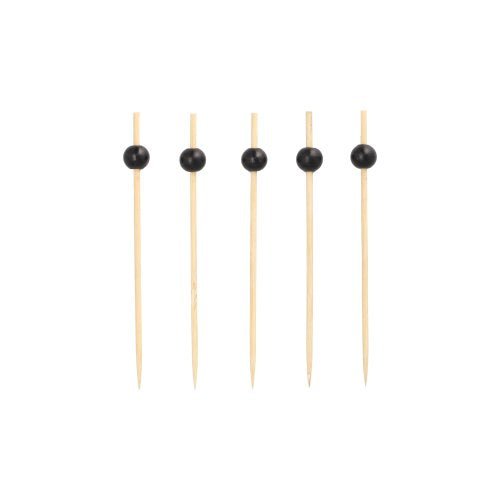 Cinco PAPSTAR 250 palitos de finger food da PAPSTAR GmbH, espetos de madeira ecológicos com pérolas pretas na parte superior, estão dispostos verticalmente em uma fila sobre um fundo branco simples.
