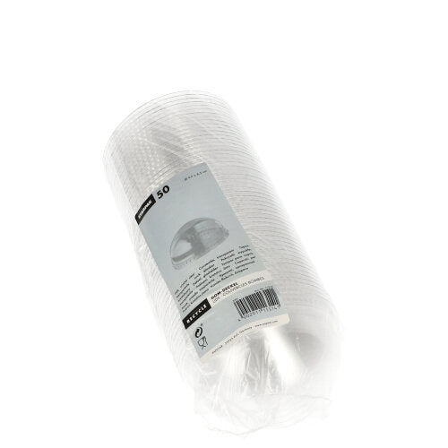 Uma embalagem selada contém 50 tampas redondas e transparentes Starpak "Hurricane" de PET (sem furo), Ø 9,5 cm x 4,5 cm, com uma etiqueta branco-cinza com detalhes do produto.