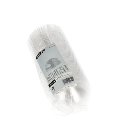 Uma embalagem selada contém 50 tampas redondas e transparentes Starpak "Hurricane" de PET (sem furo), Ø 9,5 cm x 4,5 cm, com uma etiqueta branco-cinza com detalhes do produto.