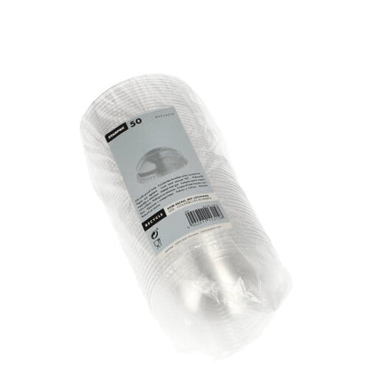 Uma embalagem com 50 tampas em domo Starpak "Hurricane" de PET (claras, redondas, Ø 9,5 cm, sem furo) é entregue em uma embalagem transparente com uma etiqueta branco-cinza, onde são exibidas informações do produto, código de barras e a marca Starpak para um fechamento seguro.