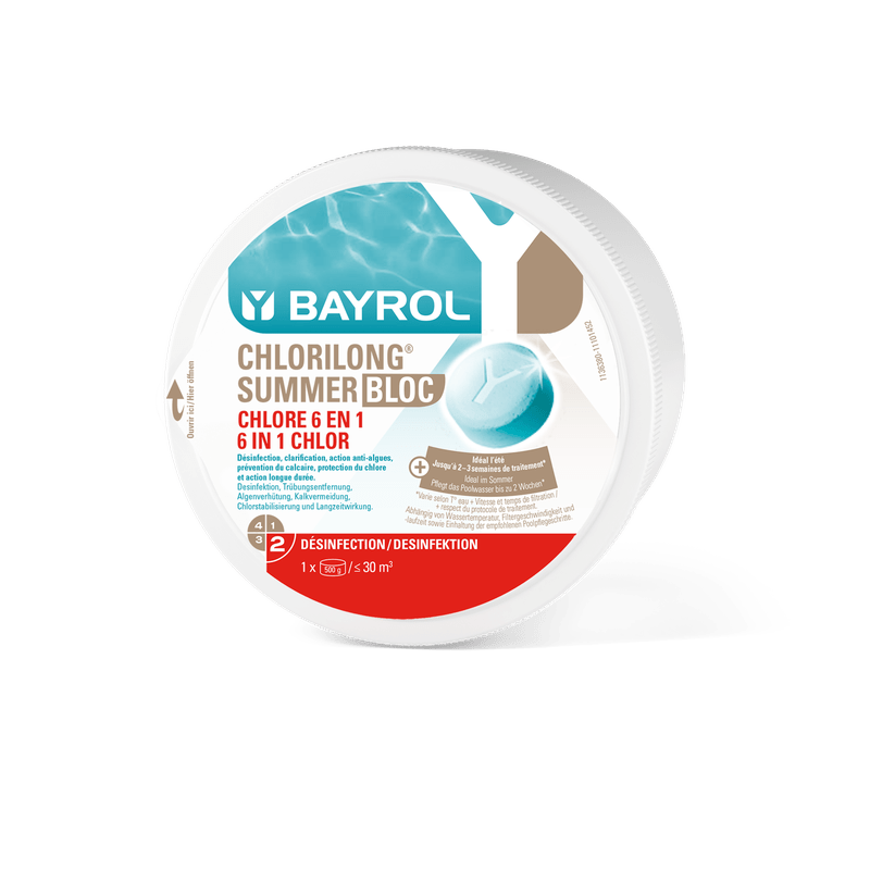 BAYROL Chlorilong Summer Bloc 0,5 kg 6em1 Cuidados para piscinas para água cristalina | Embalagem (500 g) 