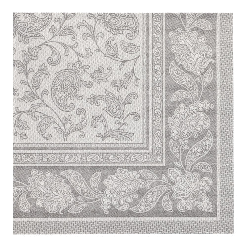 Guardanapo quadrado da coleção ROYAL da PAPSTAR GmbH, 40x40 cm, com um padrão detalhado, simétrico de flores e paisley em cinza claro e branco e uma borda floral ornamentada e repetitiva. O pacote contém 20 guardanapos, dobrados em 1/4.