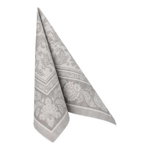 Um único guardanapo cinza PAPSTAR 20 "ROYAL Collection" 1/4-dobra (40x40 cm) da PAPSTAR GmbH é dobrado em um triângulo e está de pé sobre um fundo branco, ideal para uma decoração de mesa elegante.