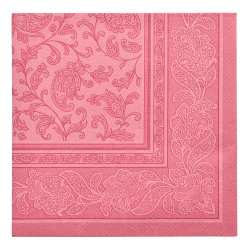 Os PAPSTAR 20 Guardanapos "ROYAL Collection" (1/4-dobra, 40x40 cm) da PAPSTAR GmbH apresentam um design xadrez rosa com borda de paisley e flores em relevo - perfeito para uma decoração de mesa elegante em qualidade premium.