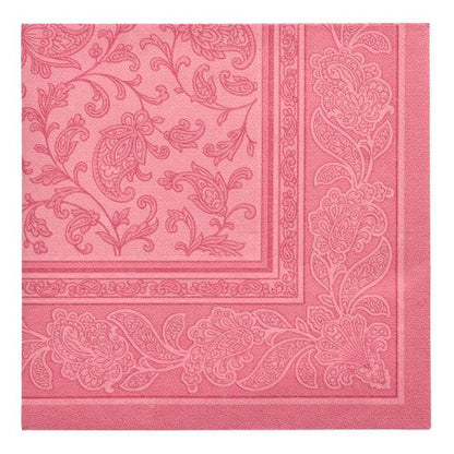 Os PAPSTAR 20 Guardanapos "ROYAL Collection" (1/4-dobra, 40x40 cm) da PAPSTAR GmbH apresentam um design xadrez rosa com borda de paisley e flores em relevo - perfeito para uma decoração de mesa elegante em qualidade premium.