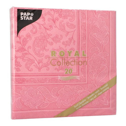 Um pacote de 20 PAPSTAR "ROYAL Collection" guardanapos 1/4-dobra (40x40 cm) da PAPSTAR GmbH com padrão decorativo de paisley e letras douradas e brancas - perfeito para a decoração elegante de qualquer mesa.