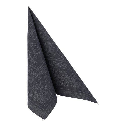 Um guardanapo cinza escuro dobrado da coleção ROYAL da PAPSTAR GmbH (20 peças, 40x40 cm, 1/4-Dobra) com um padrão paisley discreto está em pé com extremidades pontiagudas.