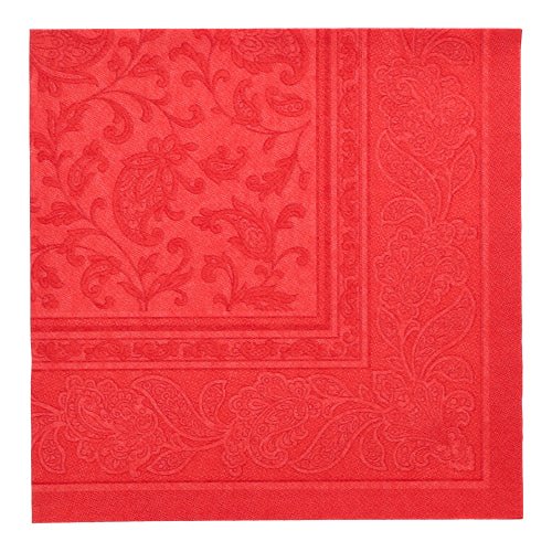 O PAPSTAR GmbH 20 Guardanapos "ROYAL Collection" 1/4-dobra (40 x 40 cm) são guardanapos quadrados vermelhos de tecido premium com padrão de flores e paisley em relevo, que elevam elegantemente qualquer mesa posta.