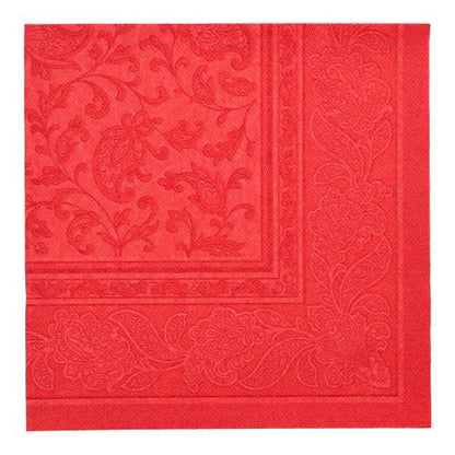 O PAPSTAR GmbH 20 Guardanapos "ROYAL Collection" 1/4-dobra (40 x 40 cm) são guardanapos quadrados vermelhos de tecido premium com padrão de flores e paisley em relevo, que elevam elegantemente qualquer mesa posta.