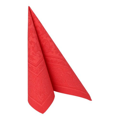 Um guardanapo vermelho PAPSTAR GmbH "ROYAL Collection" 1/4-Fold (40 x 40 cm) está de pé em forma de triângulo e apresenta um padrão floral e paisley em relevo sutil - ideal como decoração de mesa ou com os guardanapos PAPSTAR.