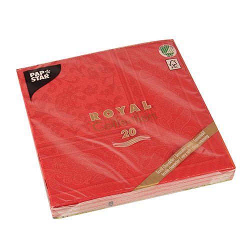 Uma embalagem de PAPSTAR 20 guardanapos vermelhos "ROYAL Collection" 1/4-dobra (40x40 cm) da PAPSTAR GmbH, embalados em plástico transparente com logotipos de certificação no canto superior direito e um logotipo preto no canto superior esquerdo.