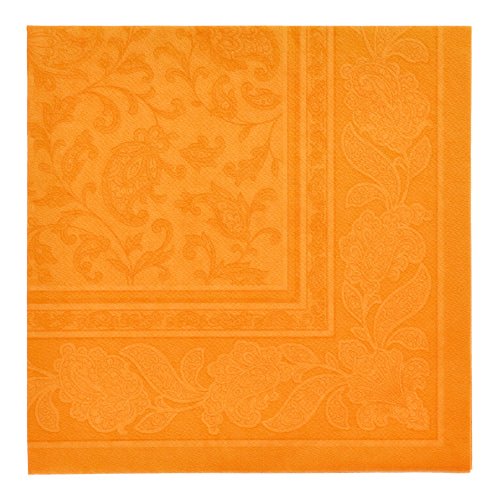 Os Guardanapos "ROYAL Collection" 1/4-dobra 40x40 cm da PAPSTAR GmbH 20 Guardanapos em laranja têm uma borda de flores e folhas em relevo com design de redemoinho discreto no centro - ideal para uma decoração de mesa elegante.