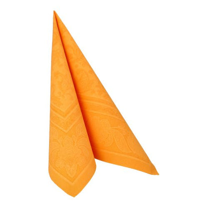 Um único PAPSTAR 20 guardanapos "ROYAL Collection" 1/4-dobra (40x40 cm) da PAPSTAR GmbH está de pé em uma dobra triangular e é decorado com padrões discretos - ideal para qualquer decoração de mesa. O fundo é branco sólido.