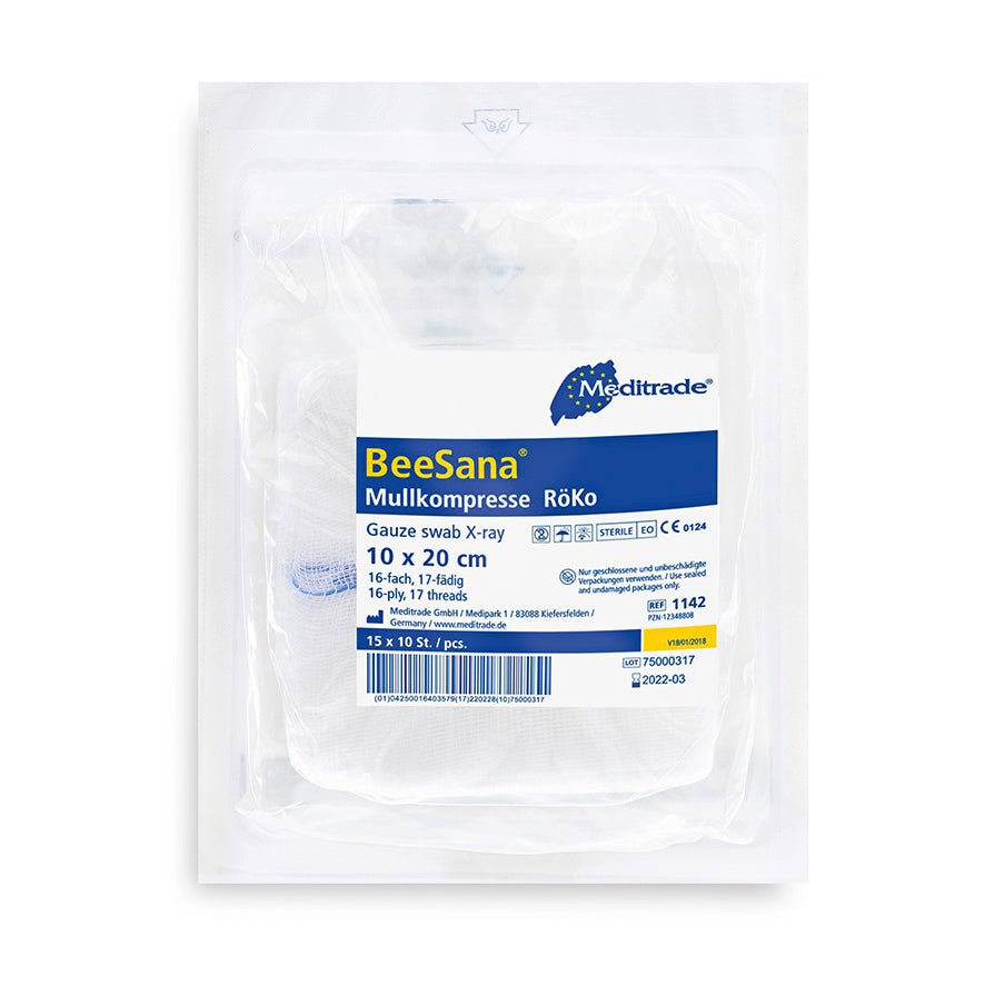 Compressa de gaze BeeSana®, RöKo, estéril, 16 dobras, 10 x 20 cm, 10 peças | Pacote (150 peças)