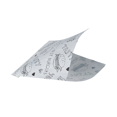 Uma folha de PAPSTAR 1000 sacos de hambúrguer (substituto de pergaminho, resistente a gordura) da PAPSTAR GmbH, branca como papel de jornal, apresenta ilustrações de hambúrgueres pretos, "TASTY", corações e rabiscos, com dois cantos ligeiramente levantados, como se estivessem dobrados ou flutuando.