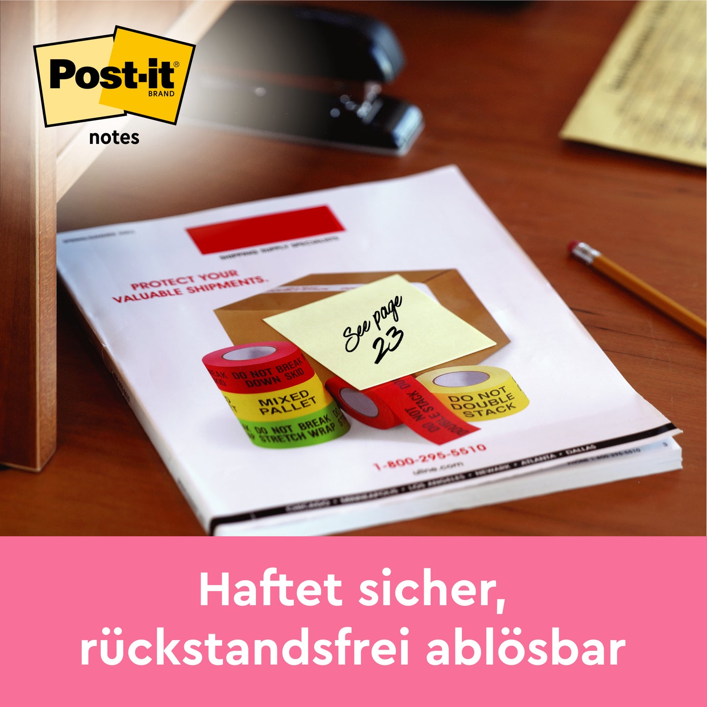 Uma nota amarela Post-it® (38x51 mm) com a inscrição "Veja página 23" está sobre uma mesa, logotipo Post-it no canto superior esquerdo. Texto abaixo: "Adere com segurança, removível sem resíduos." 100 folhas/bloco, 16+4 grátis, da 3M Deutschland GmbH, 100% PEFC.