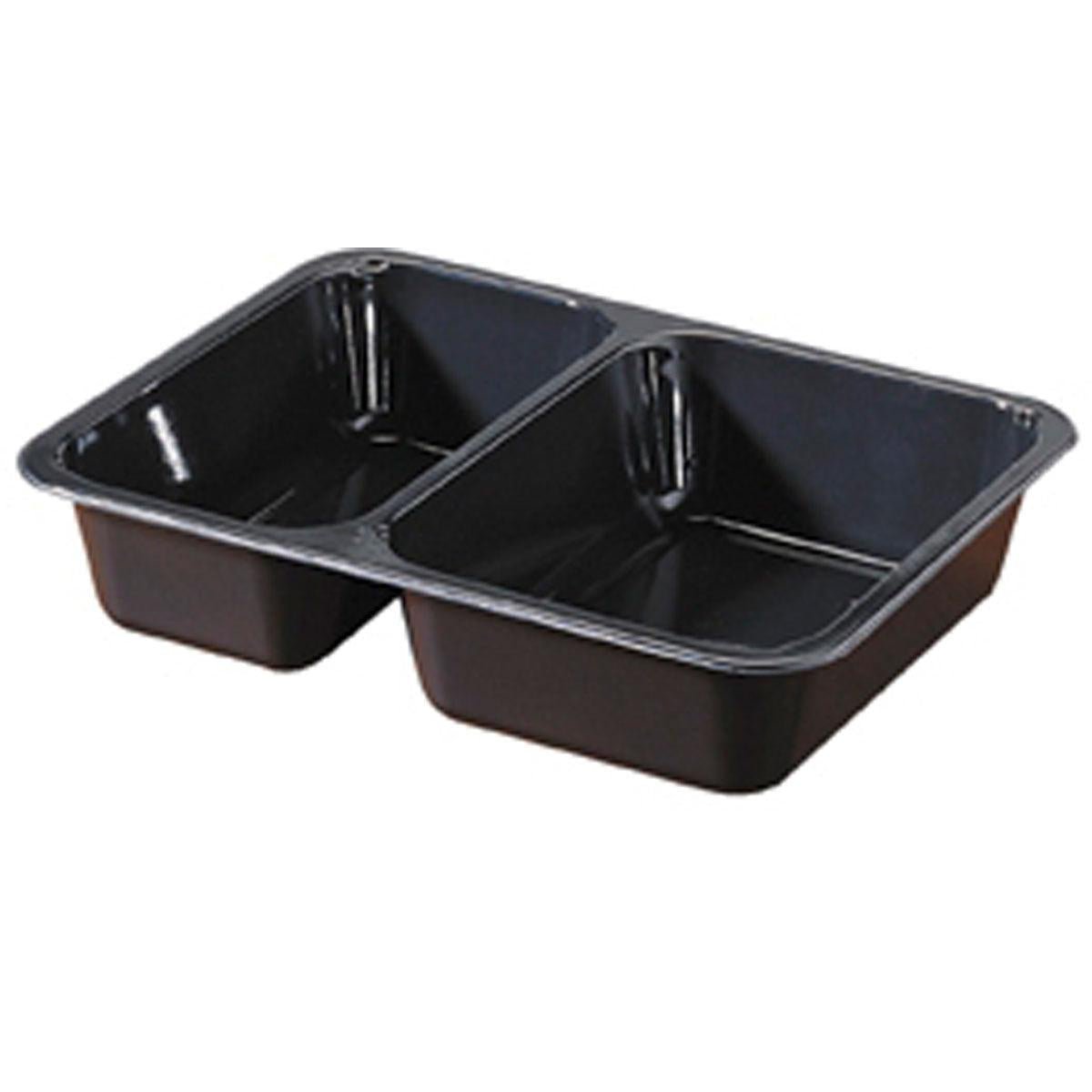 A bandeja CPET 225x175x43 mm da Duni GmbH com dois compartimentos retangulares em embalagem de plástico preto é ideal para alimentos, como refeições prontas ou para levar, e está disponível em embalagens de 300 unidades.
