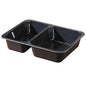 A bandeja CPET 225x175x43 mm da Duni GmbH com dois compartimentos retangulares em embalagem de plástico preto é ideal para alimentos, como refeições prontas ou para levar, e está disponível em embalagens de 300 unidades.