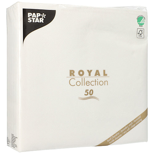 Um pacote com 50 guardanapos brancos PAPSTAR da "ROYAL Collection" (1/4-dobrado, 48 x 48 cm) da PAPSTAR GmbH. A embalagem apresenta texto dourado e preto com logotipos de certificação nos cantos superiores.