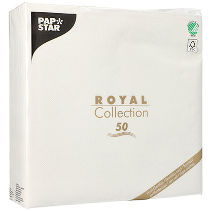 Um pacote com 50 guardanapos brancos PAPSTAR da "ROYAL Collection" (1/4-dobrado, 48 x 48 cm) da PAPSTAR GmbH. A embalagem apresenta texto dourado e preto com logotipos de certificação nos cantos superiores.