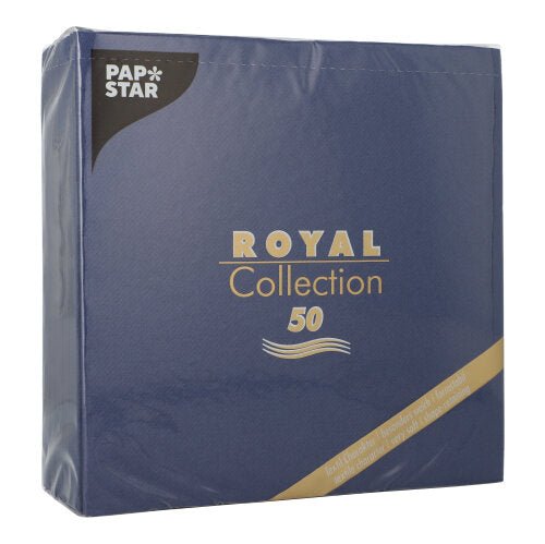 Um pacote azul de PAPSTAR 50 guardanapos "ROYAL Collection" (1/4-dobra, 40x40 cm, azul escuro) da PAPSTAR GmbH com letras douradas e brancas e uma faixa diagonal dourada no canto inferior direito.