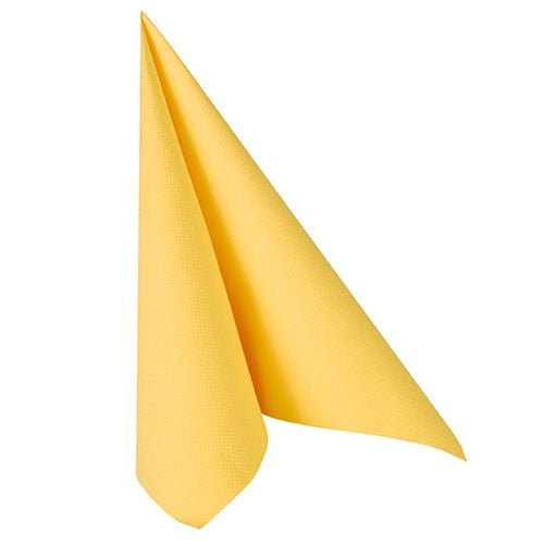 Um único guardanapo amarelo PAPSTAR 50 guardanapos "ROYAL Collection" 1/4-dobra (40 x 40 cm, PAPSTAR GmbH) está dobrado verticalmente em forma de triângulo com superfície texturizada e apresentado sobre fundo branco.