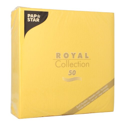 Uma embalagem amarela da PAPSTAR GmbH com a inscrição "50 guardanapos ROYAL Collection 1/4-dobra 40 x 40 cm amarelo" contém 50 guardanapos com acentos dourados e pretos e texto no canto inferior.