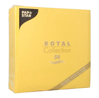 Uma embalagem amarela da PAPSTAR GmbH com a inscrição "50 guardanapos ROYAL Collection 1/4-dobra 40 x 40 cm amarelo" contém 50 guardanapos com acentos dourados e pretos e texto no canto inferior.