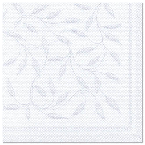 Os guardanapos da PAPSTAR GmbH ROYAL Collection são brancos, 40 x 40 cm, com um discreto padrão de folhas e arabescos em relevo em cinza claro e borda dupla. O pacote contém 50 guardanapos dobrados em quartos.