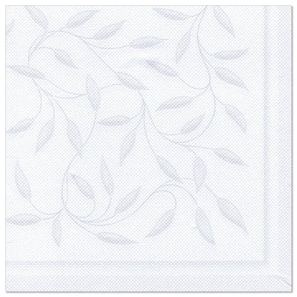 Os guardanapos da PAPSTAR GmbH ROYAL Collection são brancos, 40 x 40 cm, com um discreto padrão de folhas e arabescos em relevo em cinza claro e borda dupla. O pacote contém 50 guardanapos dobrados em quartos.
