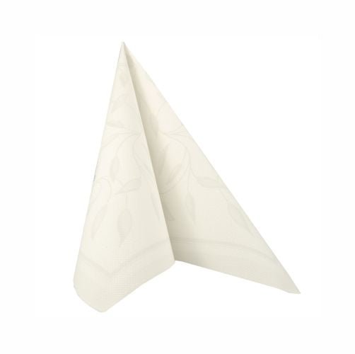 Um guardanapo branco de 50 guardanapos "ROYAL Collection" 1/4-dobra 40 x 40 cm da PAPSTAR GmbH está dobrado em pé em forma de triângulo sobre um fundo branco sólido, que apresenta um padrão discreto de folhas.