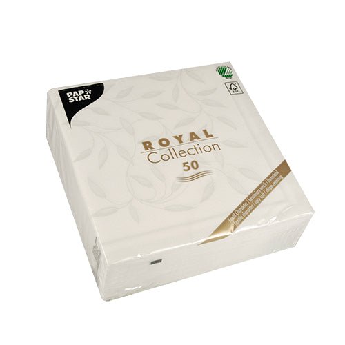 Um pacote selado com 50 guardanapos brancos PAPSTAR "ROYAL Collection" (40 x 40 cm, 1/4-dobra) da PAPSTAR GmbH. A embalagem, em sua maioria branca, é adornada com texto dourado e preto, bem como um logotipo de certificação verde no canto superior direito.