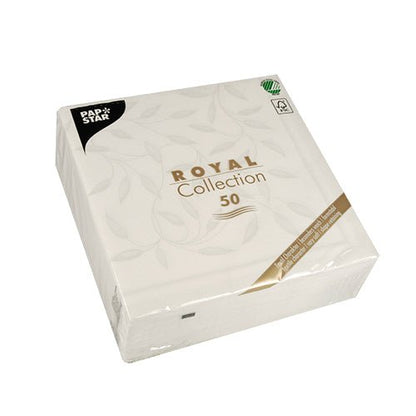 Um pacote selado com 50 guardanapos brancos PAPSTAR "ROYAL Collection" (40 x 40 cm, 1/4-dobra) da PAPSTAR GmbH. A embalagem, em sua maioria branca, é adornada com texto dourado e preto, bem como um logotipo de certificação verde no canto superior direito.