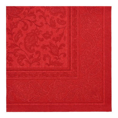 Os PAPSTAR GmbH 50 guardanapos "ROYAL Collection" 1/4-Dobra (40 x 40 cm) em bordô apresentam um padrão discreto de paisley e flores com uma borda decorativa.