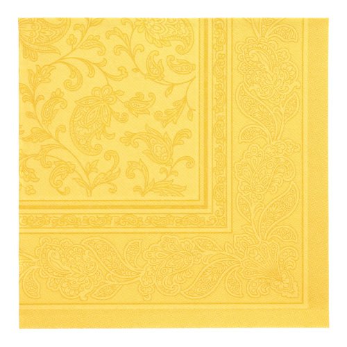 Um guardanapo amarelo PAPSTAR GmbH 50 guardanapos "ROYAL Collection" (1/4-dobra, 40 x 40 cm) com estampas Paisley e florais é apresentado dobrado de cima.