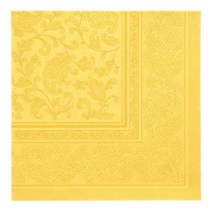 Um guardanapo amarelo PAPSTAR GmbH 50 guardanapos "ROYAL Collection" (1/4-dobra, 40 x 40 cm) com estampas Paisley e florais é apresentado dobrado de cima.