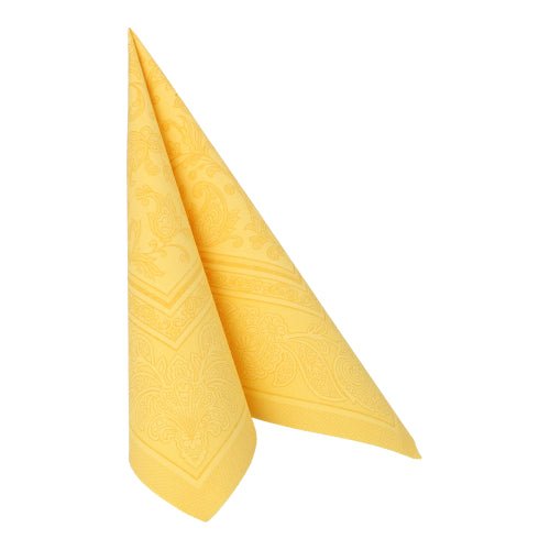 Um guardanapo amarelo da PAPSTAR GmbH "ROYAL Collection" (40 x 40 cm, 1/4-dobra) está dobrado em um triângulo em pé sobre um fundo branco.