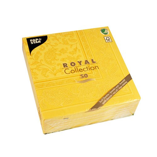 Uma embalagem selada de 50 PAPSTAR GmbH guardanapos "ROYAL Collection" 1/4-dobra, 40 x 40 cm, amarelo, com embalagem floral em relevo, sobre fundo branco.