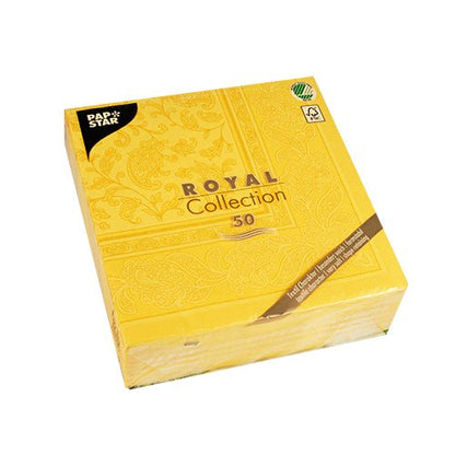 Uma embalagem selada de 50 PAPSTAR GmbH guardanapos "ROYAL Collection" 1/4-dobra, 40 x 40 cm, amarelo, com embalagem floral em relevo, sobre fundo branco.